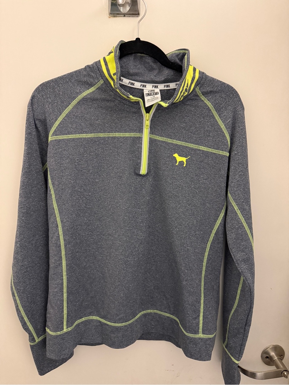 PINK Grey Pullover workout Quarter-Zip with Neon Yellow Accents